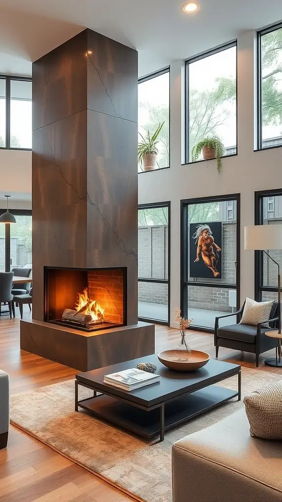 A modern multi-sided fireplace serving as a room divider in a contemporary living area.