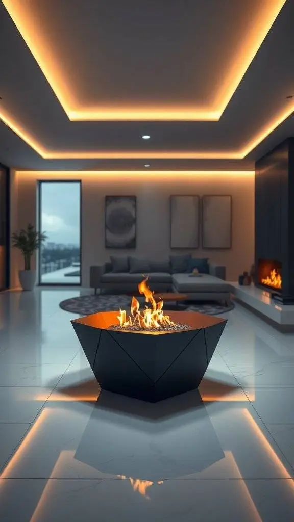 A modern bioethanol fireplace with a geometric design, flames visible, in a stylish living room.