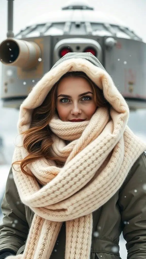 A woman wearing a cozy cream-colored scarf and hood in a snowy landscape, inspired by the Star Wars galaxy.
