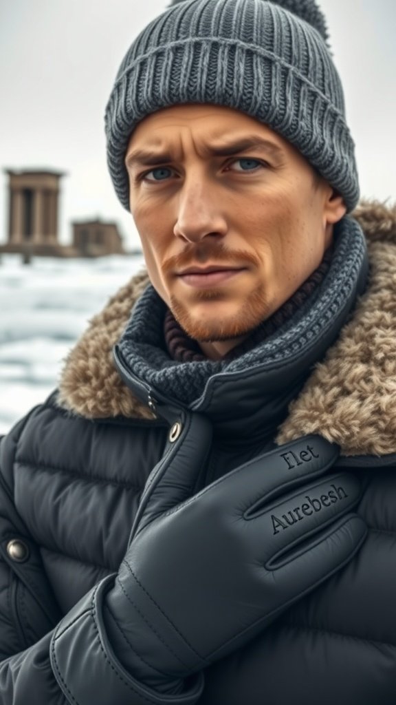 A man in a puffer jacket with a fur collar and gloves, set against a snowy backdrop.