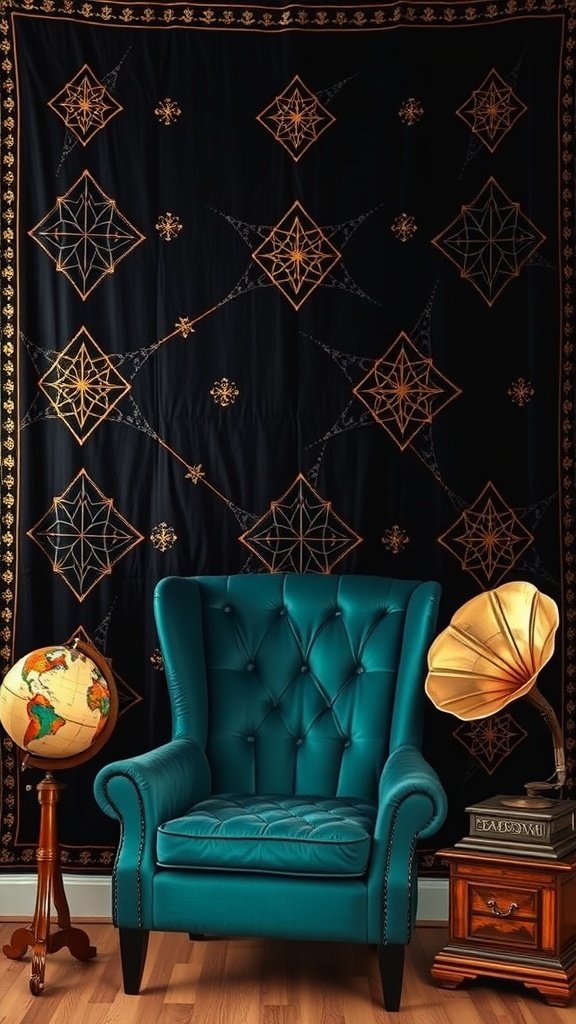 A black tapestry with golden geometric designs hanging behind a teal armchair, accompanied by a vintage globe and a gramophone.