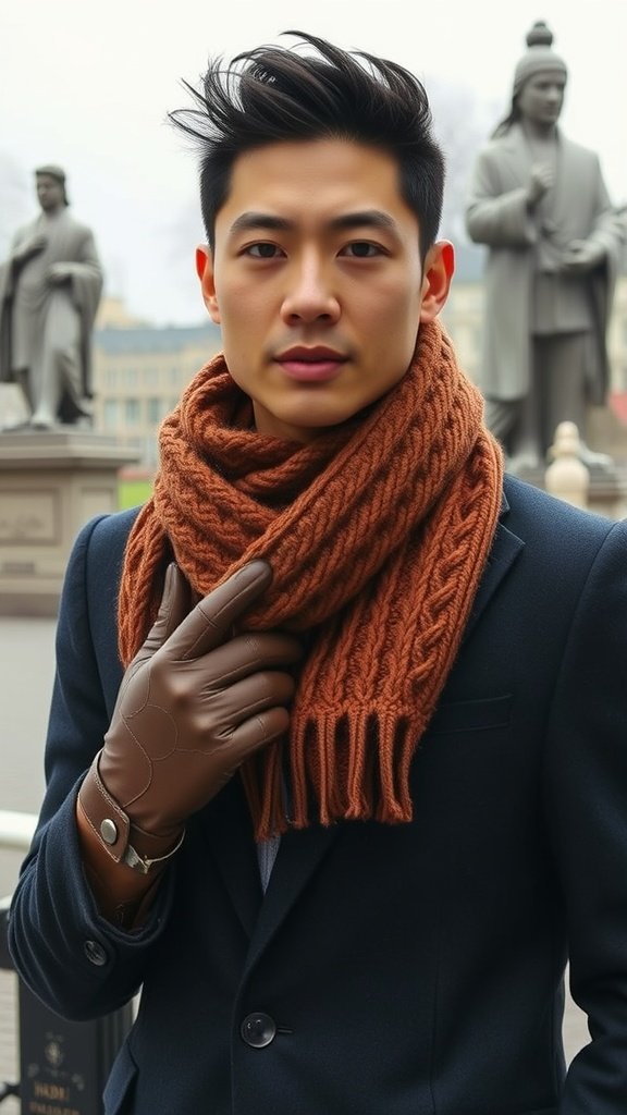 A stylish man wearing a brown scarf and coat in a winter setting.