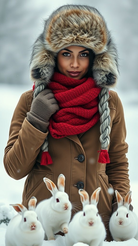 A woman in a fur-lined hat and red scarf stands in the snow with white rabbits.