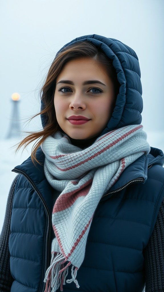 A woman wearing a hooded jacket and scarf in a snowy landscape, showcasing winter accessories.