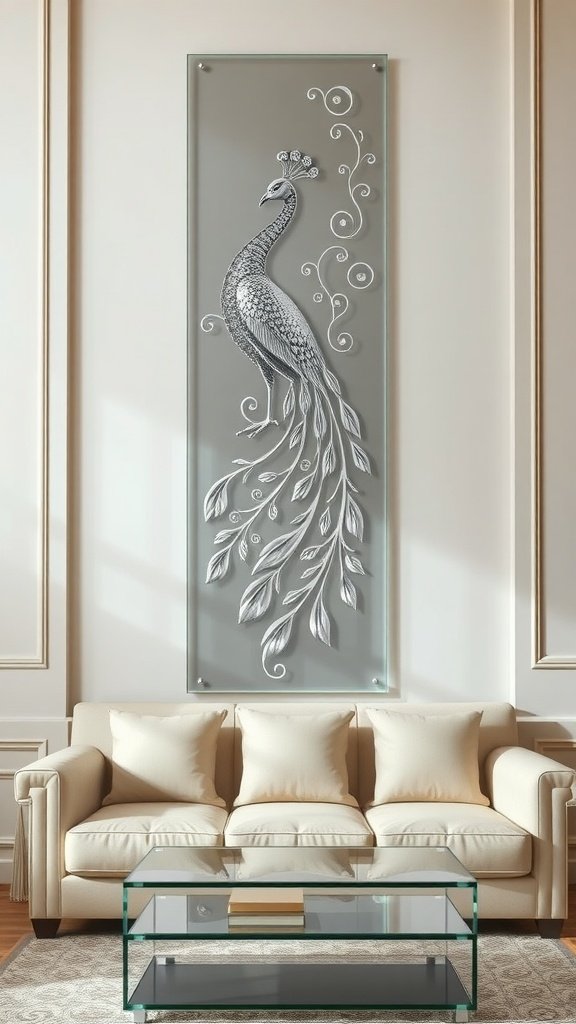 A silver decorative peacock panel mounted on a wall behind a beige sofa, with a glass coffee table in front.