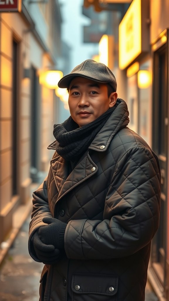 A man in a quilted coat and scarf stands in a winter alley, showcasing stylish winter accessories.