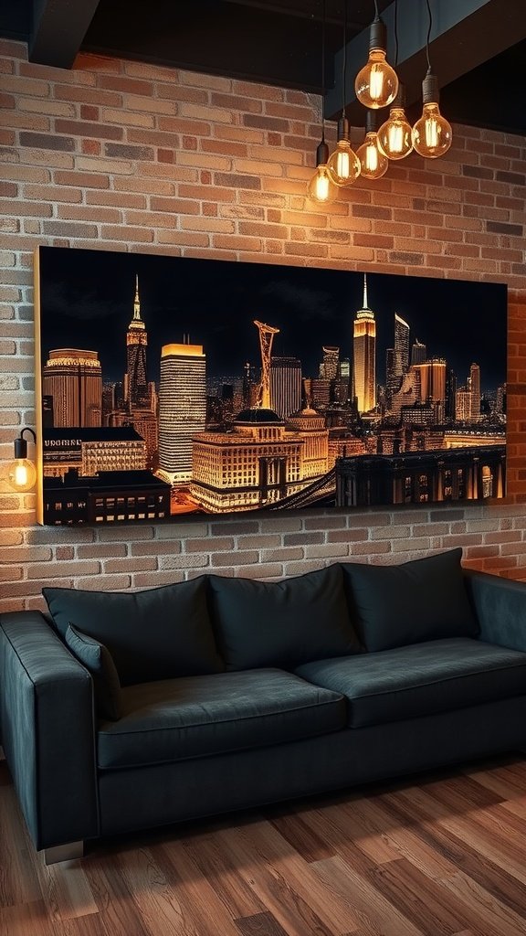 Black-and-gold cityscape canvas hanging on a brick wall in an urban loft, with a dark sofa in front and industrial pendant lights above.