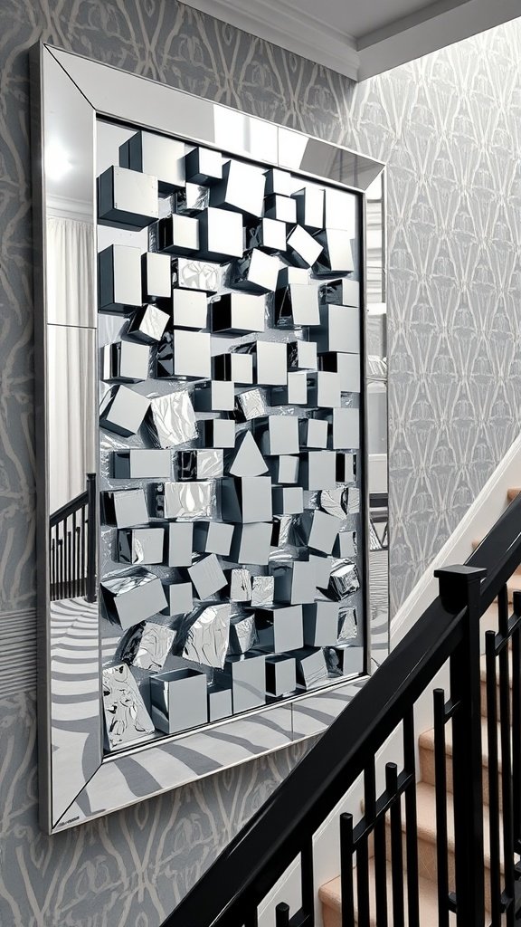 A mirror frame featuring a crystal-cubist collage with geometric shapes reflecting light.