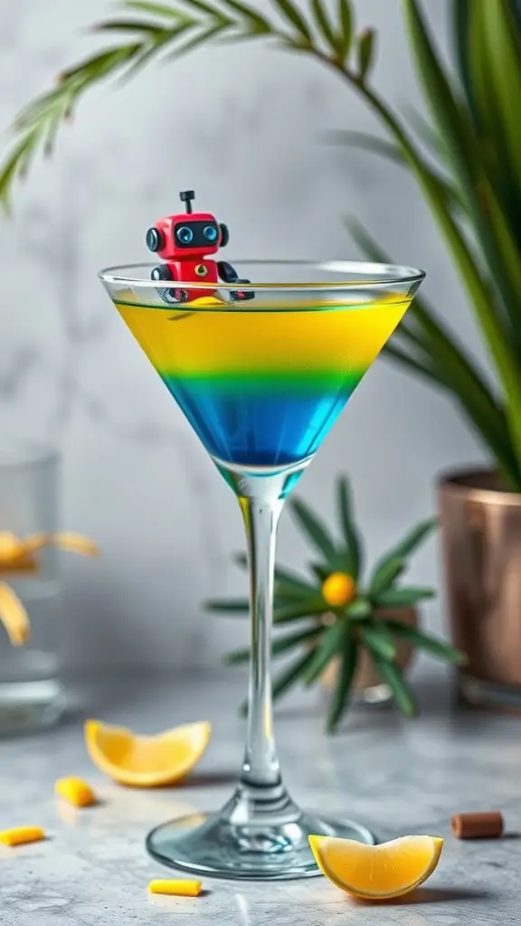 A colorful Droid Delight Martini with blue and yellow layers, garnished with a small droid toy.