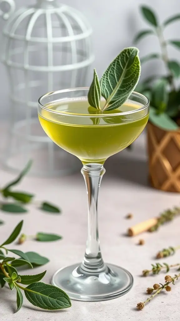 A vibrant green martini garnished with a sage leaf, surrounded by fresh herbs.