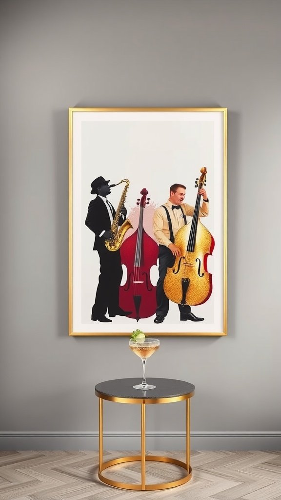 Silhouette print of a jazz trio on a smoke-colored wall with a cocktail on a gold-accented table.