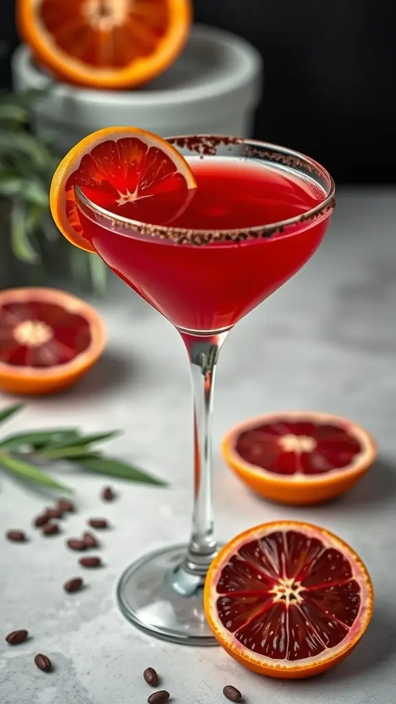 A vibrant Blood Orange Martini garnished with a slice of blood orange, set against a dark background.