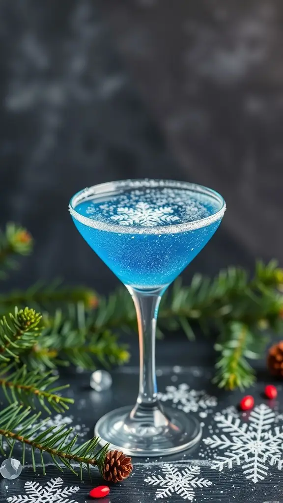 A blue cocktail in a martini glass, garnished with snowflake sugar and surrounded by pine branches and festive decorations.