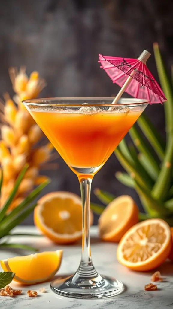 A vibrant Tatooine Sunset Martini with a tropical garnish