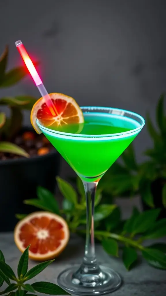 A vibrant green cocktail in a martini glass with an orange slice and a glowing straw.