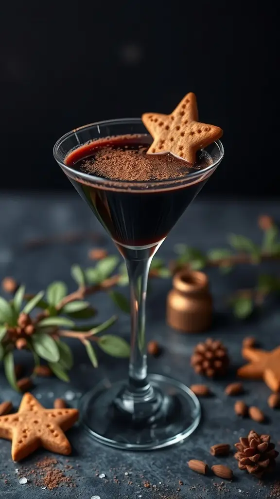A Death Star Espresso Martini garnished with a star-shaped cookie and cocoa powder