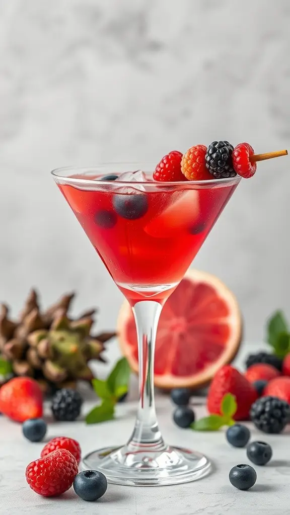 A vibrant Ewok Berry Bliss Martini garnished with fresh berries, set against a backdrop of assorted fruits.