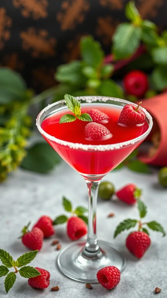 A vibrant Rebel Alliance Raspberry Martini garnished with fresh raspberries and mint leaves.