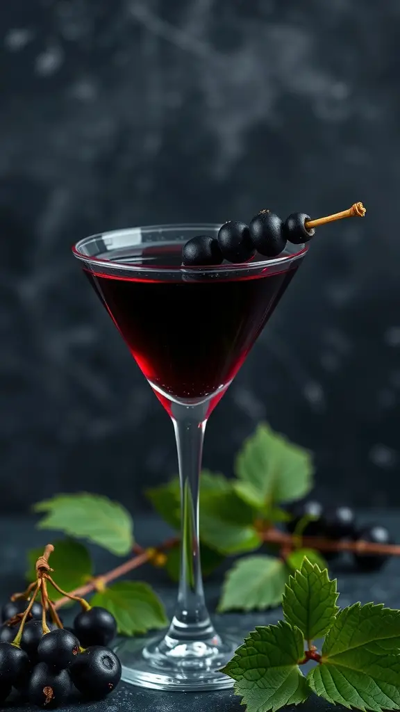 A Bounty Hunter Blackcurrant Martini garnished with blackcurrants.