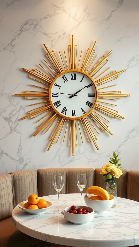 A golden sunray clock hanging on a white wall in a deco kitchen with a marble table and fresh fruits.