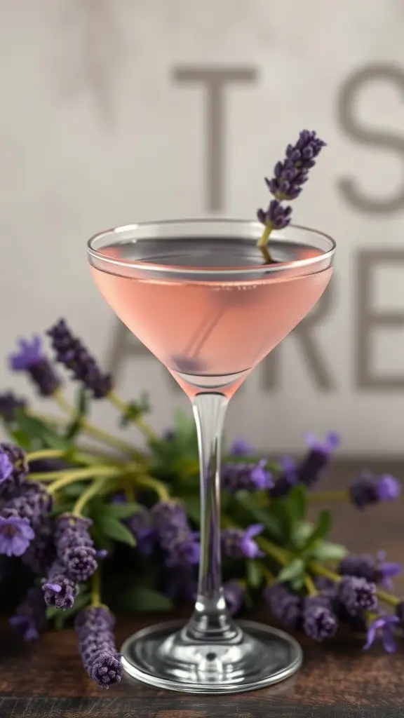 A lavender martini garnished with a sprig of lavender, surrounded by fresh lavender flowers.