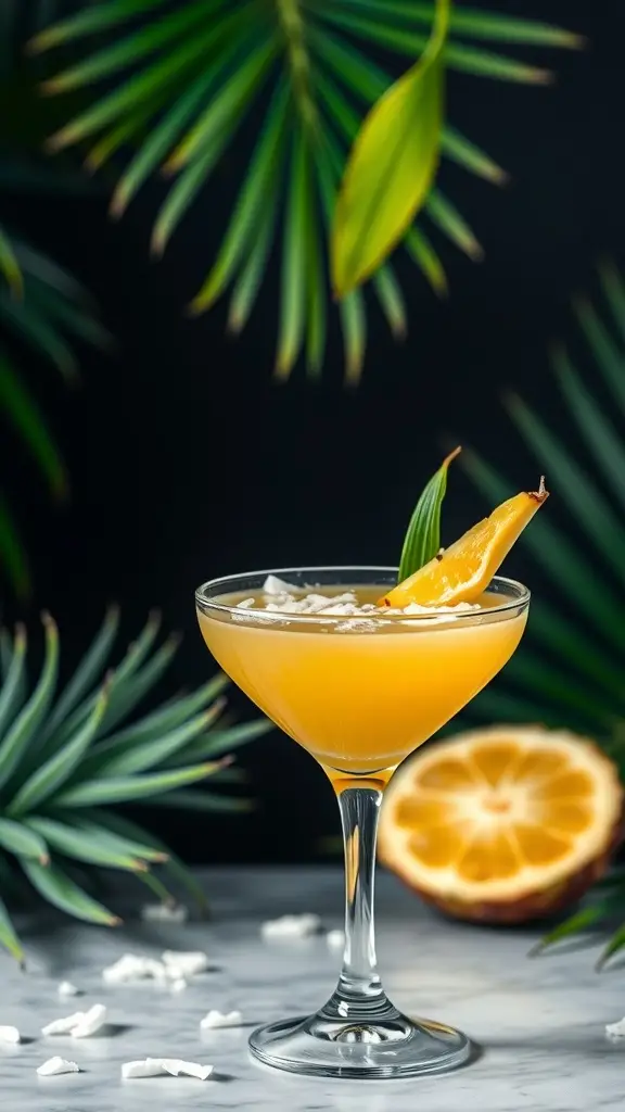A vibrant Jawa Juice Martini garnished with an orange slice and shredded coconut, surrounded by tropical leaves.