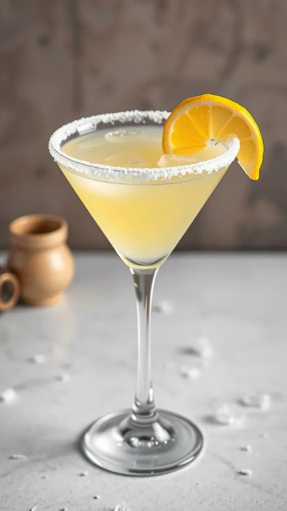 A Cloud City Lemon Drop Martini with a sugar rim and a lemon slice garnish.