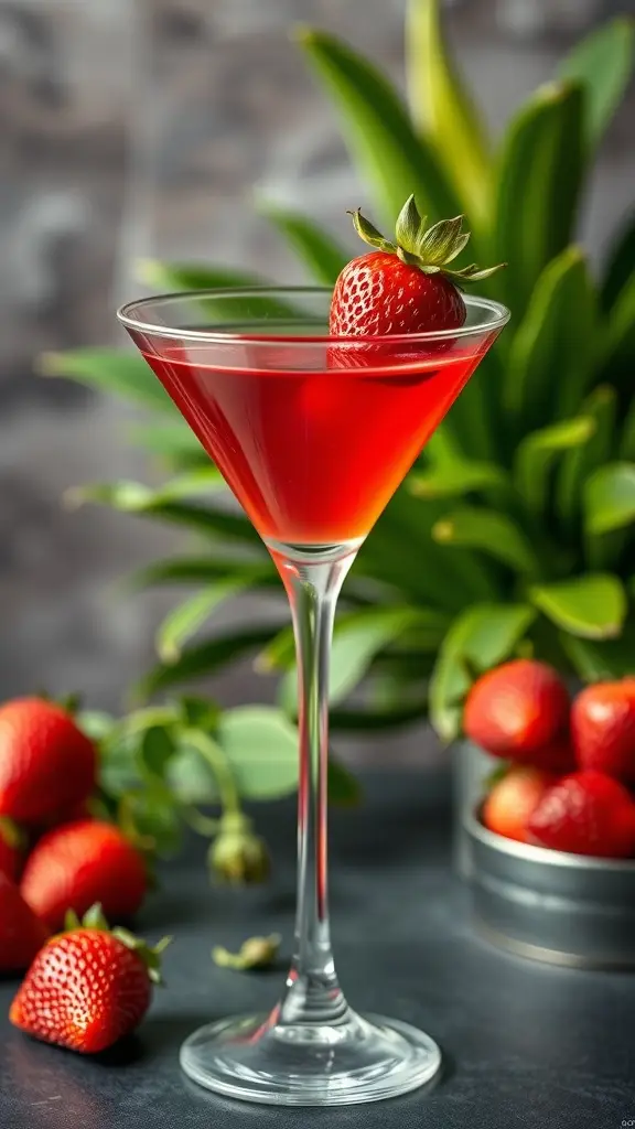 A vibrant Starfighter Strawberry Martini garnished with a fresh strawberry, set against a backdrop of strawberries and green foliage.