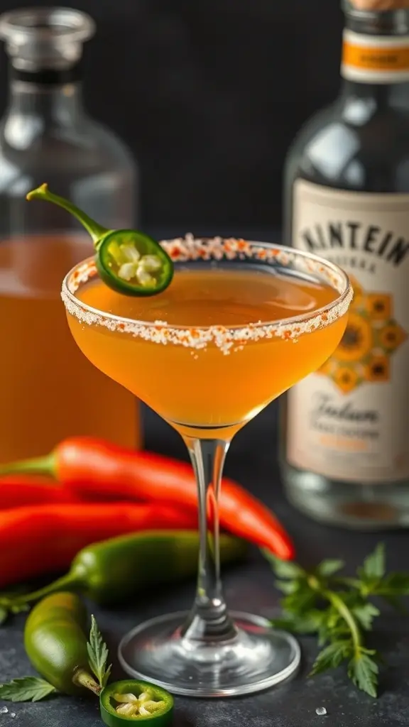 A vibrant Tusken Raider Spicy Martini garnished with jalapeño, surrounded by fresh peppers and ingredients.