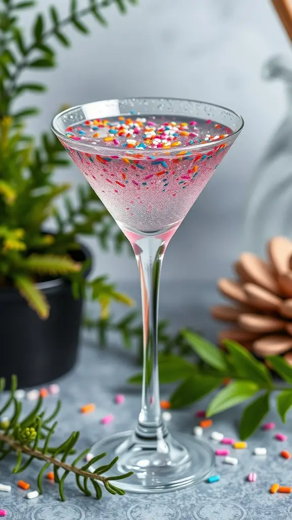 A sparkling pink martini with colorful sprinkles, surrounded by greenery.