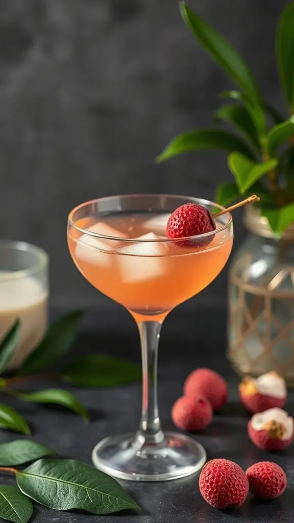 A lychee martini garnished with a lychee fruit, surrounded by fresh lychees and green leaves.