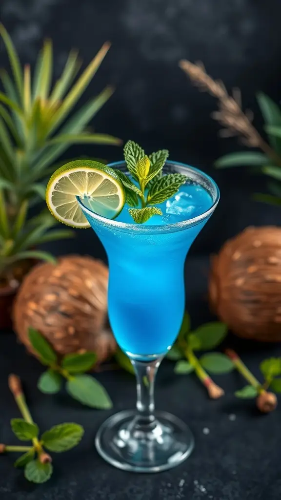 A vibrant blue Bespin Breeze Martini garnished with a lime wheel and mint leaves.
