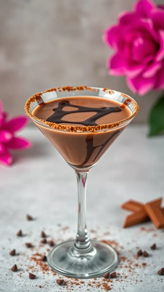 A Chewbacca Chocolate Martini with a chocolate rim and garnished with chocolate shavings, set against a floral background.