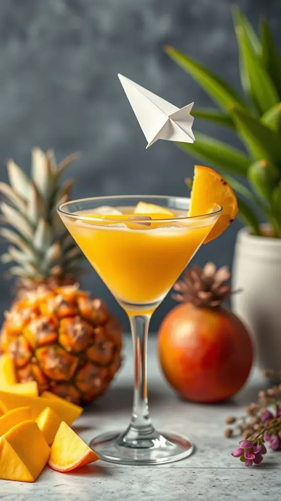 A TIE Fighter Tropical Martini garnished with a pineapple slice and a paper airplane, surrounded by tropical fruits.