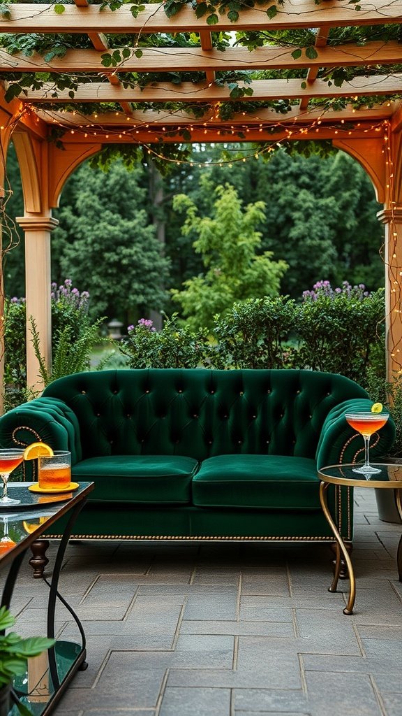 A forest green velvet couch surrounded by a garden setting with drinks on side tables.