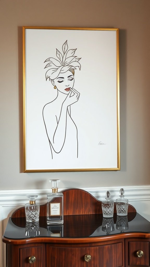Abstract lady in gold foil print above a vintage vanity with crystal decanters.