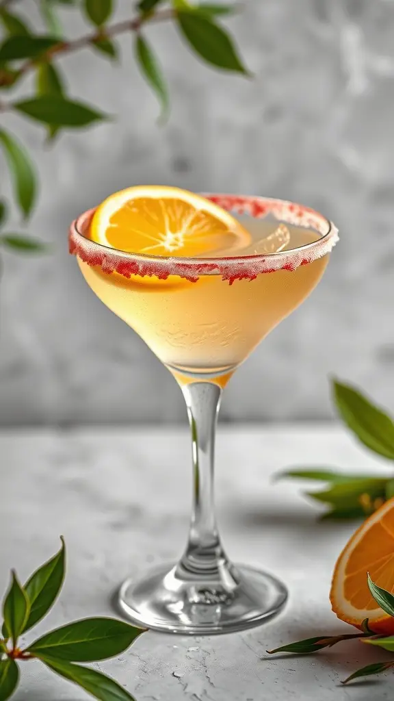 A Sarlacc Pit Sour Martini with a red sugar rim and an orange slice garnish.