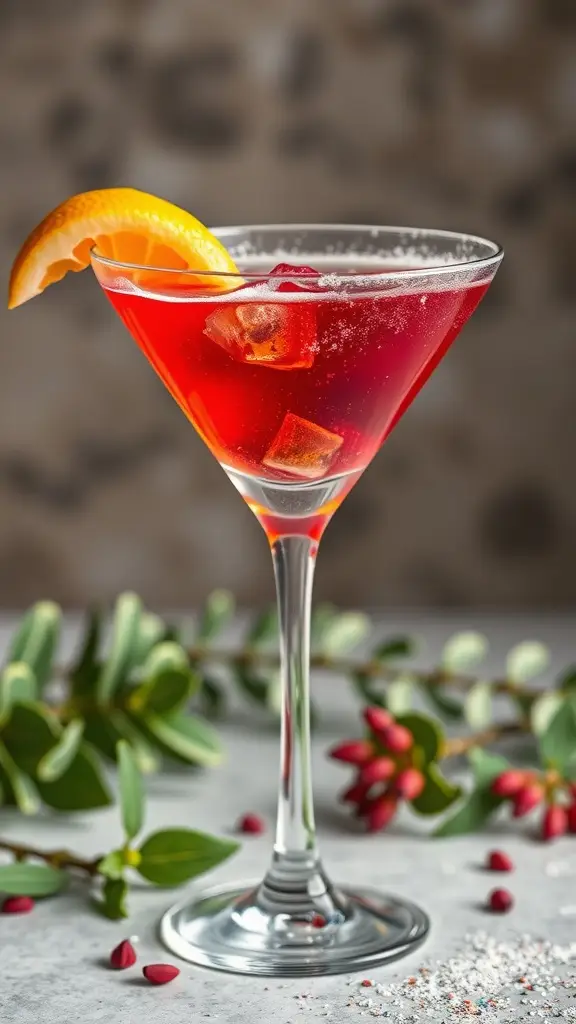 A vibrant red Star Wars Celebration Martini garnished with an orange slice.