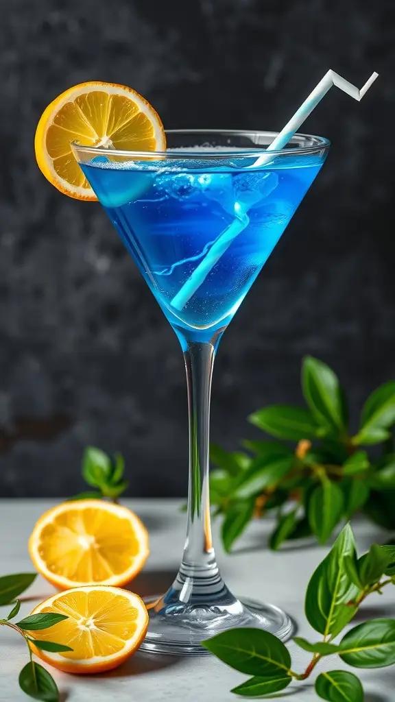 A vibrant blue martini garnished with a lemon wheel and a straw, surrounded by lemon halves and green leaves.