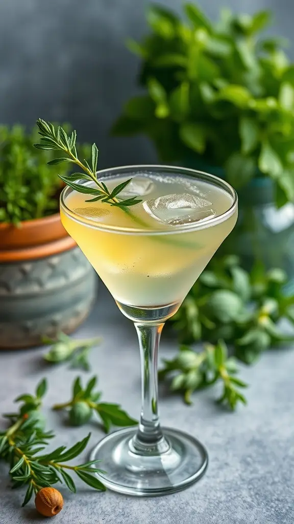 A refreshing Jedi Training Tonic Martini with herbs and lemon garnish.