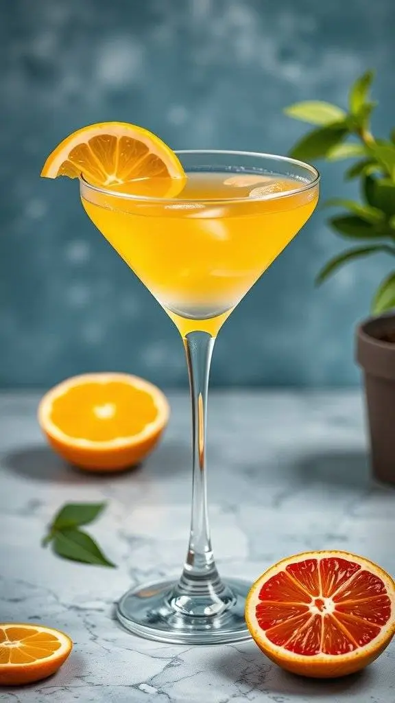A vibrant Starship Citrus Martini garnished with an orange slice, surrounded by fresh oranges.