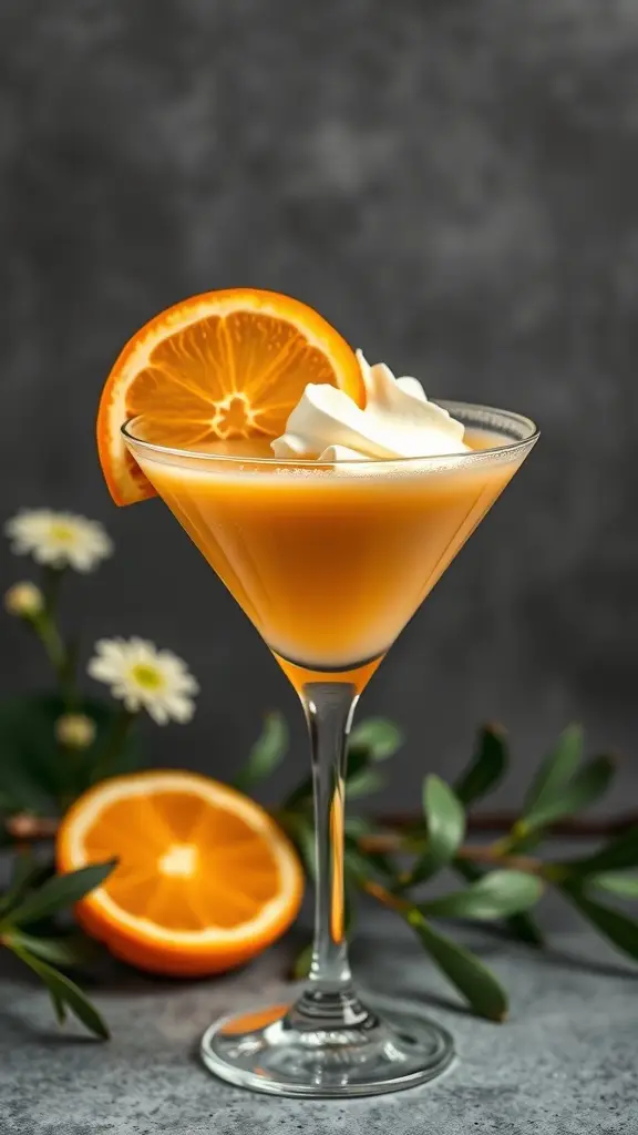 A Clone Trooper Creamsicle Martini garnished with an orange slice and whipped cream.