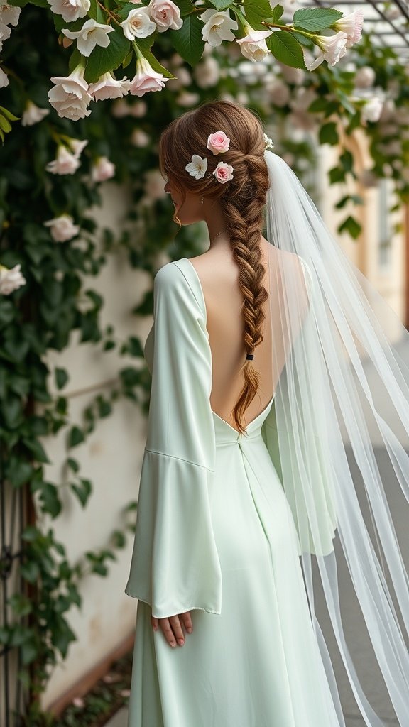 A bride in a mint green wedding dress with flowing sleeves, standing in a garden adorned with flowers.