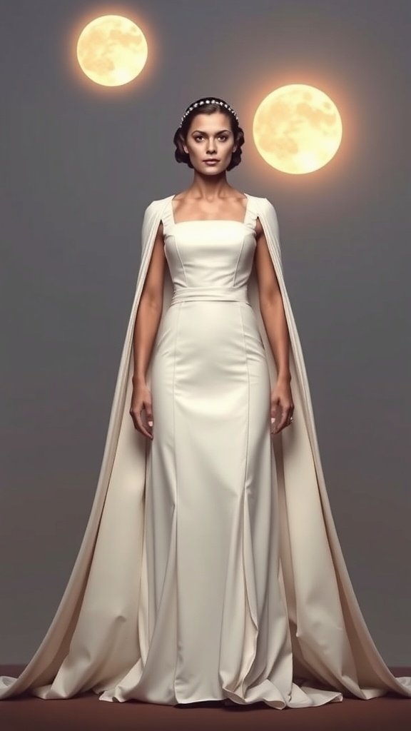 A bride in a sleek wedding dress with a flowing cape, set against a backdrop of two moons.