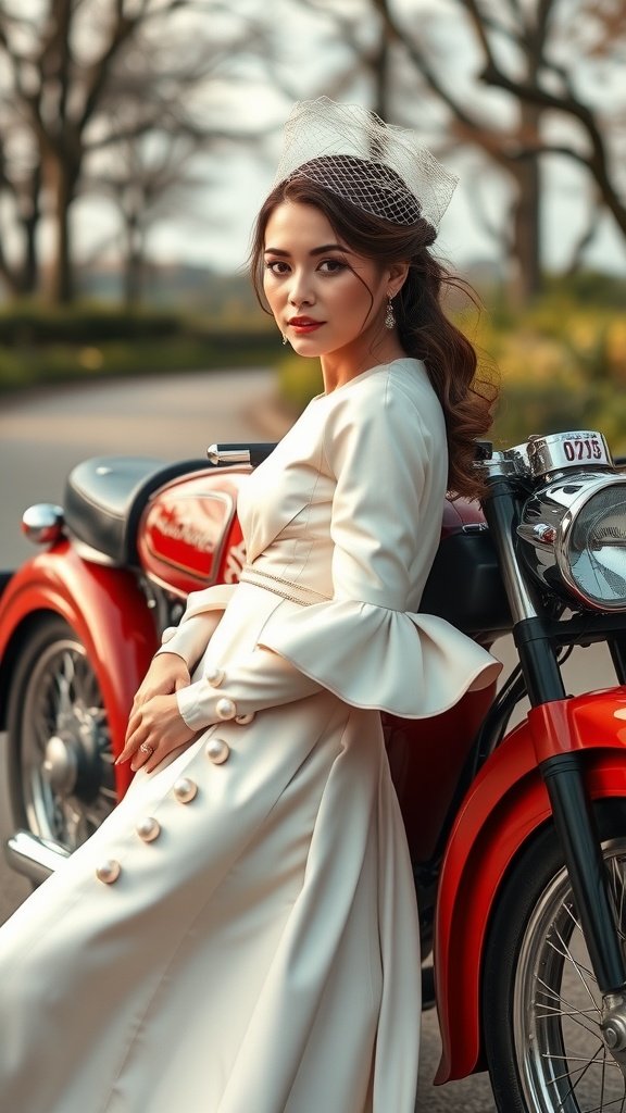 A bride in a white wedding dress with bell sleeves, sitting on a red motorcycle, showcasing a blend of elegance and rebellion.