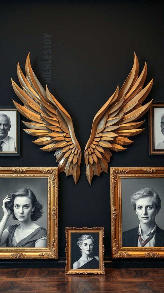 Bronze Art Deco wings displayed prominently on a gallery wall with black and white portraits in golden frames.