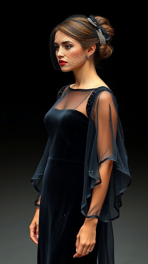 A bride wearing a sleek black wedding dress with flowing sleeves and a vintage veil, set against a dark background.