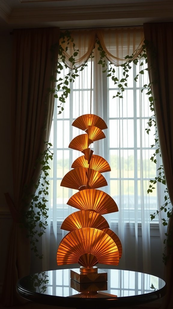 Brass and glass fan sculpture illuminated in a sunroom.
