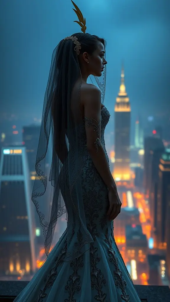Bride in a detailed wedding dress with a flowing veil, standing against a city skyline at night.