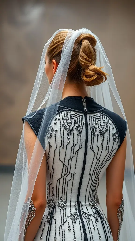 A stylish wedding dress with intricate beading and a sleek silhouette, complemented by a delicate veil.